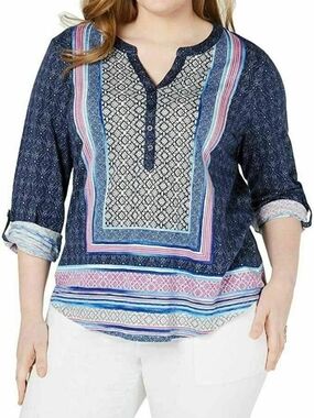 Style & Co Navy Blue Patterned V-Neck Boho Top